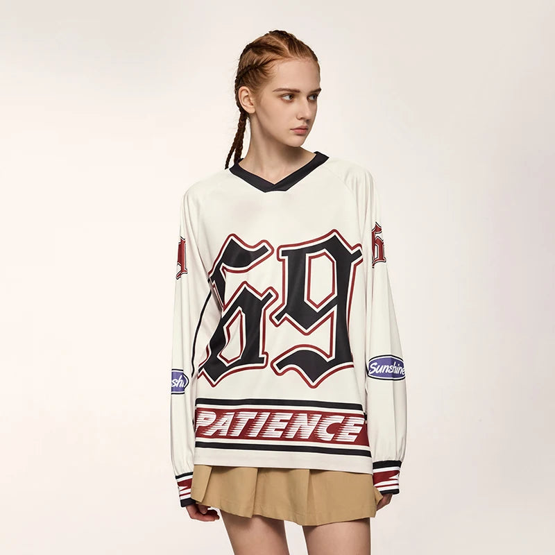 69 Retro Oversized Sports Letter Printed Long-sleeved T-shirt