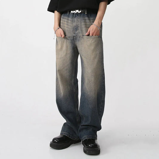 IEFB Vintage Washed High Waist Front Pocket Baggy Jeans