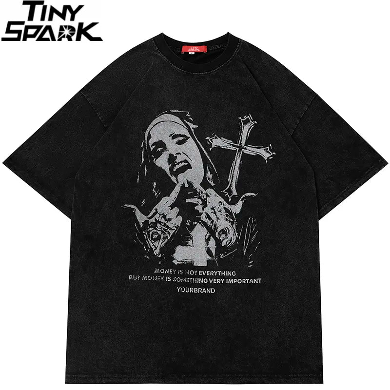 Cross Sister Graphic Washed Black Oversized T-Shirt