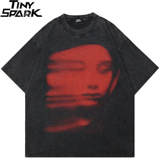 Red Fading Face Graphic Washed Oversized T-shirt