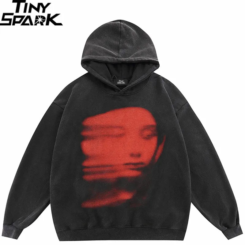 Face Shadow Graphic Retro Washed Black Oversize Hoodie