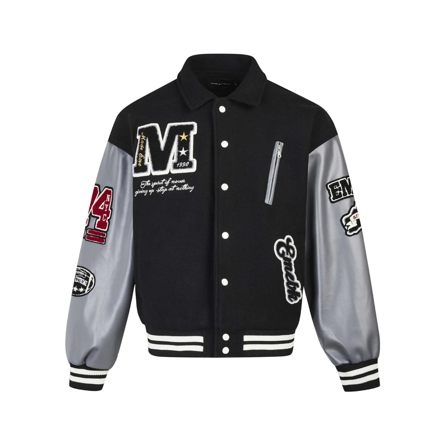 American Alphabet Embroidery PU Leather Sleeve Jacket