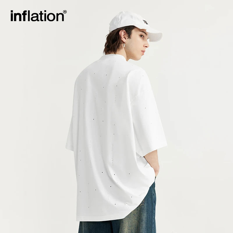 INFLATION Ripped Heavyweight Mock Neck Oversized Cotton T-Shirt