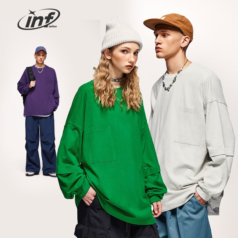 INFLATION Heavyweight Cotton Linen Solid Color Washed Oversized Long Sleeve T-Shirts
