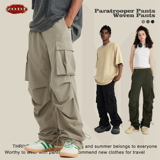 ZODF Drawstring High Street Double Knee Straight Paratrooper Cargo Pants