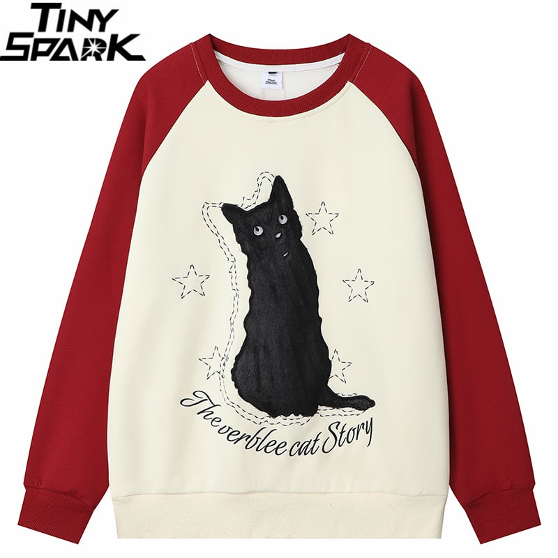 Retro Patchwork Black Cat Graphic Sweatshirt
