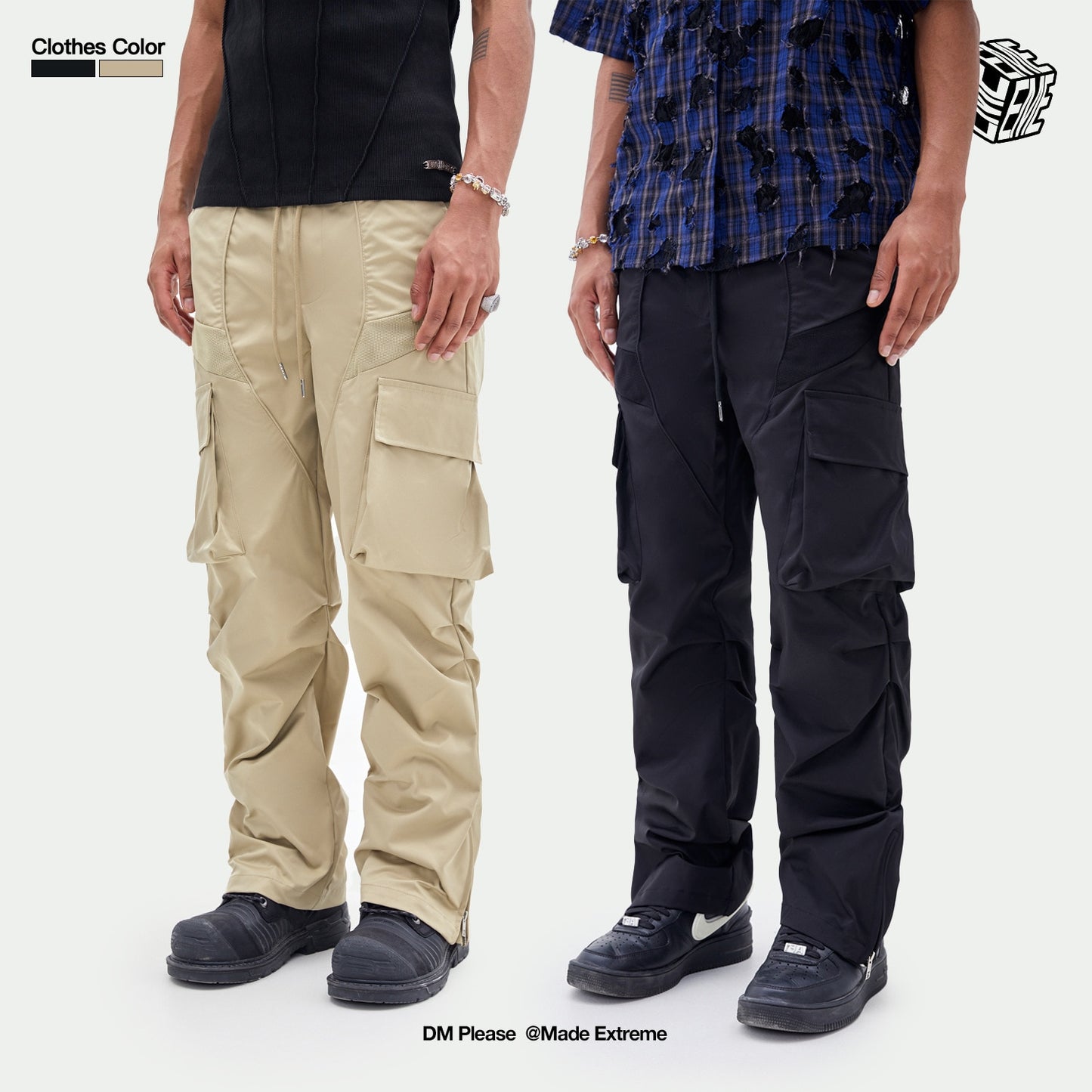 MADEEXTREME Pleated Pockets Casual Cargo Pants