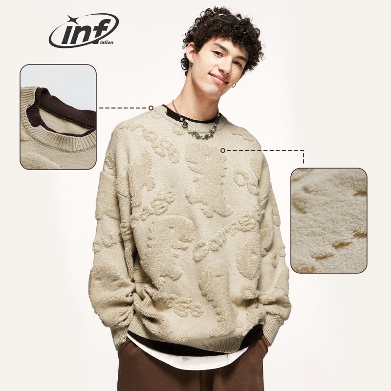 INFLATION Dinosaur Jacquard False Two Pieces Oversized Knitted Sweater