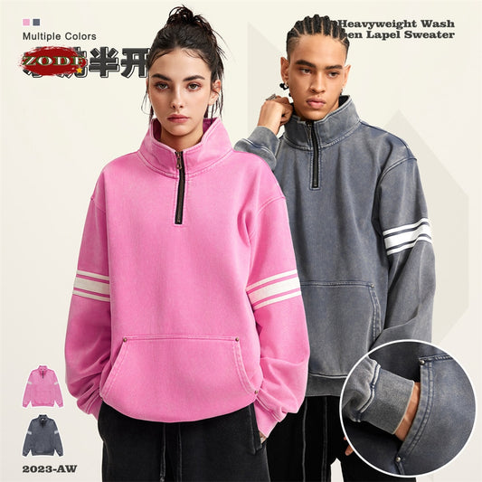 ZODF Loose Heavy Weight Half Zipper Stand Collar Washed Sweatshirt