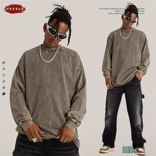 ZODF Washed Terry Cotton Long Sleeve Oversized Loose Edge T-Shirt