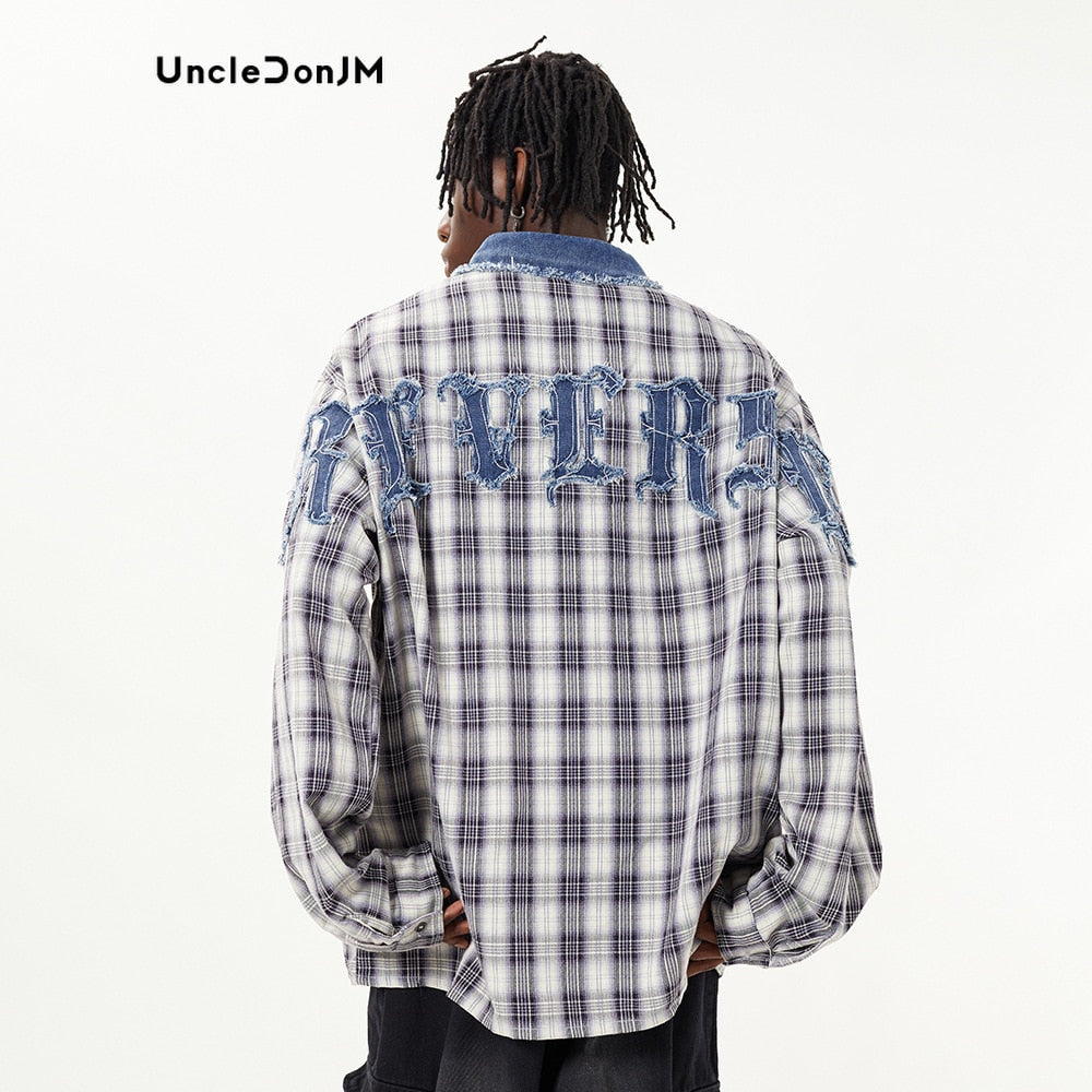 UncleDonJM Patch Letter Embroidered Long Sleeve Plaid Shirt