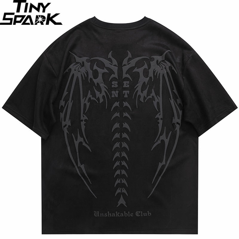 Devil Wings Skeleton Graphic Suede T-Shirt