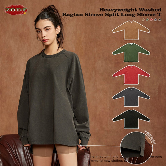 ZODF Washed Cotton Oversized Basic Long Sleeve T-Shirt