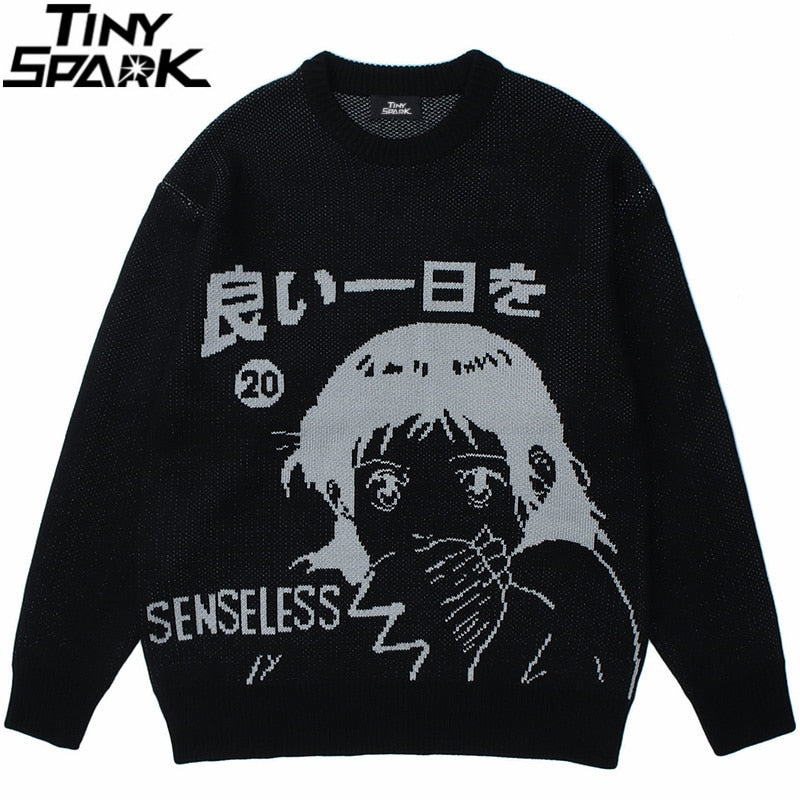 Knitted Japanese Kanji Anime Print Cotton Casual Sweater