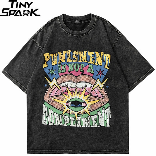 Washed Eye Graphic "Punishment Is Not A Compliment" Cotton T-Shirt