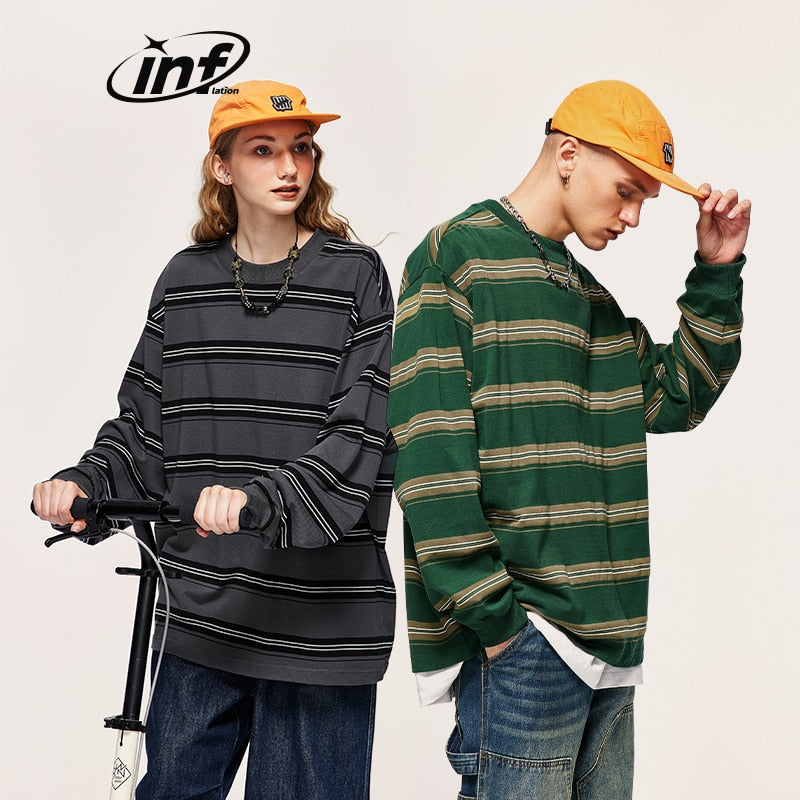 INFLATION Classic Retro Striped Long-sleeved Oversized Casual T-Shirt