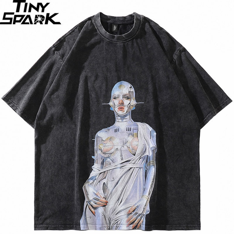 Retro Washed Black Robot Graphic Cotton Oversize T-shirt