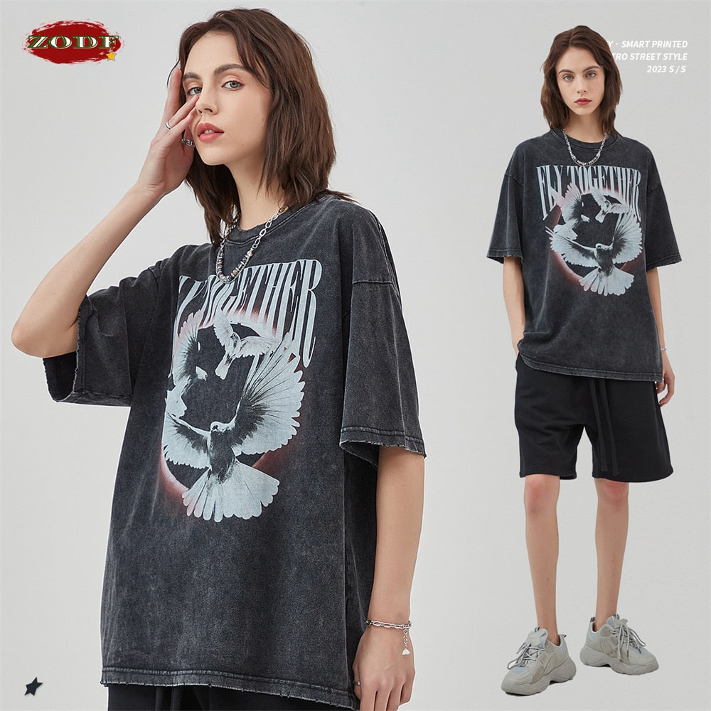 ZODF Washed Cotton Street Pigeon Printing Distressed T-shirt