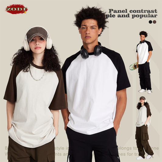 ZODF American Retro Cotton Oversized Color Contrast Raglan Sleeve T-shirt