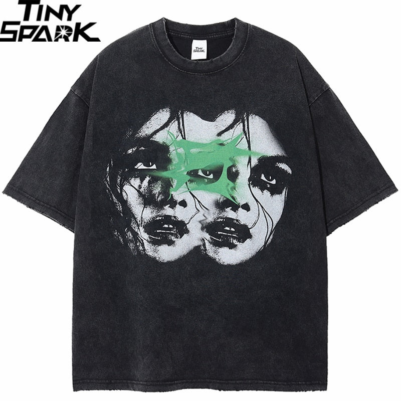 Washed Ripped Retro Double Faces Graphic T-Shirt