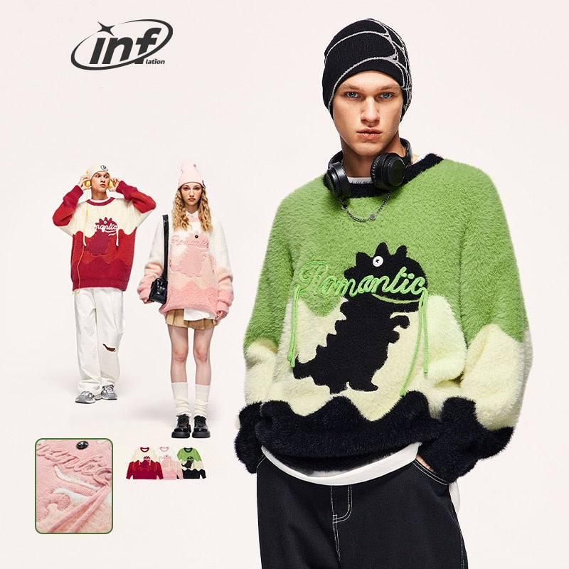 INFLATION Romantic Dinosaur Embroidery Colorblock Knitted Sweater