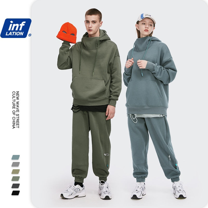 Unisex High Collar Oversized Thick Fleece Tracksuit Hoodie and Sweatpant Set