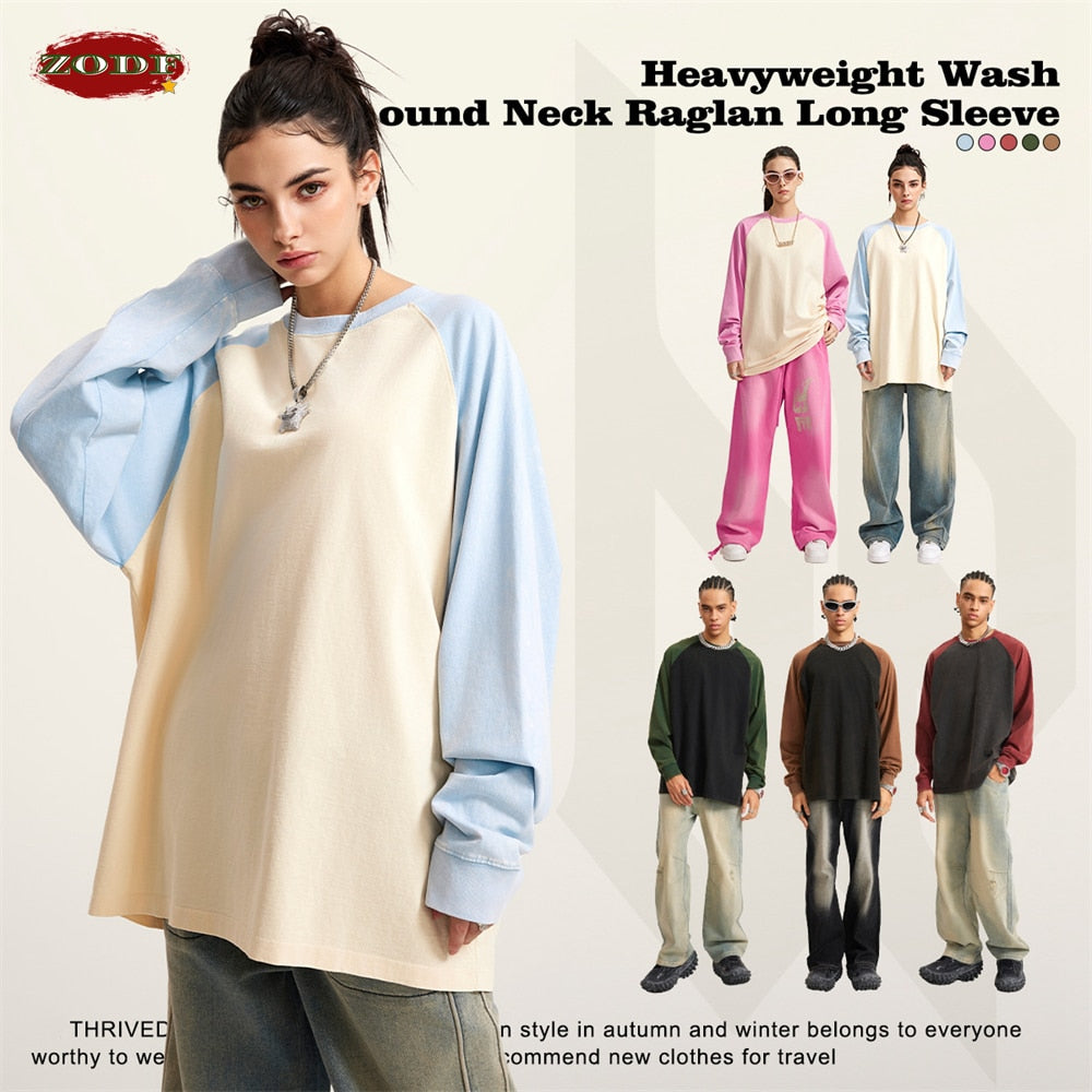 ZODF Washed Patchwork Retro Oversized Long Raglan Sleeve Cotton T-Shirts