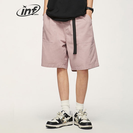 Moon Walk Solid Color Straight Leg Loose Fit Cargo Shorts with Belt