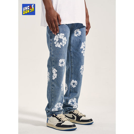 Blue flower distressed vintage straight leg denim jeans