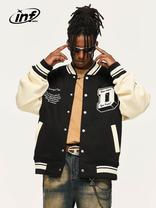 INFLATION Patchwork Embroidered Oversized Thick Fleece Varsity Jacket