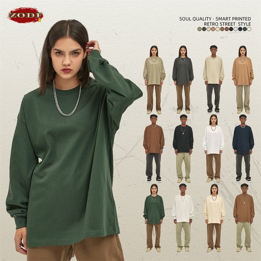 ZODF Loose Heavy Weight Basic Long Sleeve Solid Cotton T-Shirts