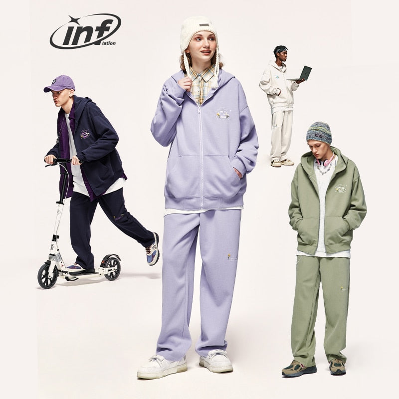 INFLATION Zip Up Hoodie and Sweatpant Set Unisex Embroidery Oversized Tracksuit