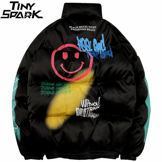 Happy Graffiti Print Windbreaker Padded Jacket