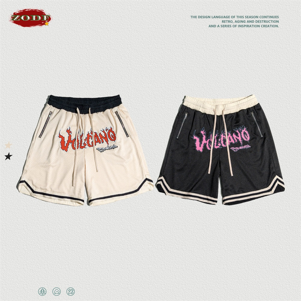 ZODF Volcano Grapgic Print Embroidery Breathable Sport Shorts