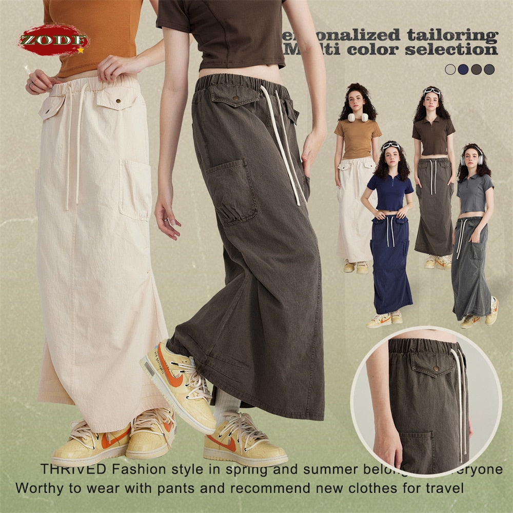 Washed Cotton Long Retro Multi-pockets Loose Skirt