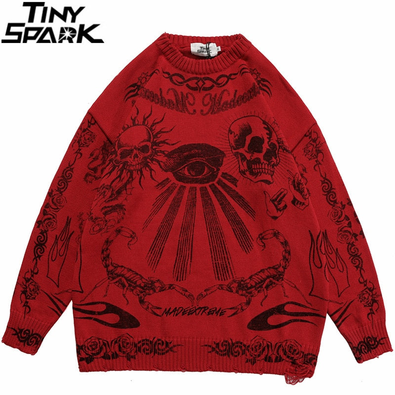 Rose Eye Scorpion Print Ripped Cotton Casual Knitted Sweater